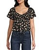 Honey & Sparkle Floral Print Smocked V-Neck Ruffle Short Sleeve Top, Color:Black - Image 1