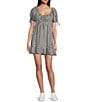 Honey & Sparkle Gingham Round Neck Short Puff Sleeve Baby Doll Dress, Color:Black/Ivory - Image 1