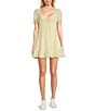 Honey & Sparkle Gingham Round Neck Short Puff Sleeve Baby Doll Dress, Color:Butter/Ivory - Image 1