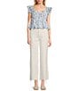 Honey & Sparkle Printed Embroidery Chiffon Smocked Butterfly Sleeve Babydoll Top, Color:Ivory/Navy - Image 3