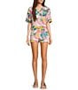 Honey & Sparkle Printed Mid Rise Elastic Waist Coordinating Shorts, Color:Mauve/Cream - Image 3