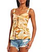 Color:Khaki/Cream - Image 1 - Printed Tie Front Smocked Back Top
