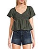 Honey & Sparkle Smocked V-Neck Ruffle Short Sleeve Top, Color:Forest - Image 1