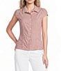 Honey & Sparkle Striped Short Puff Sleeve Point Collared Button Front Top - Image 1