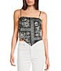 Honey & Sparkle Woven Printed Satin Spaghetti Strap Hanky Hem Top, Color:Black/White - Image 1