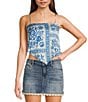 Honey & Sparkle Woven Printed Satin Spaghetti Strap Hanky Hem Top, Color:Ivory/Blue - Image 1