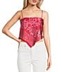 Honey & Sparkle Woven Printed Satin Spaghetti Strap Hanky Hem Top, Color:Pink/Red - Image 1