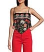 Honey & Sparkle Woven Printed Satin Spaghetti Strap Hanky Hem Top, Color:Black/Multi - Image 1