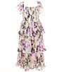 Honey and Rosie Big Girls Flutter-Sleeve Floral-Printed Tiered Long Dress, Color:Ivory/Purple - Image 1