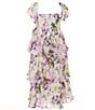 Honey and Rosie Big Girls Flutter-Sleeve Floral-Printed Tiered Long Dress, Color:Ivory/Purple - Image 2