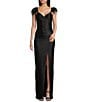 Color:Black - Image 1 - Feather Shoulder Trim Faux Wrap Front Slit Long Dress