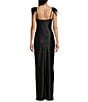 Color:Black - Image 2 - Feather Shoulder Trim Faux Wrap Front Slit Long Dress