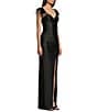 Color:Black - Image 3 - Feather Shoulder Trim Faux Wrap Front Slit Long Dress