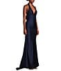 Honey and Rosie Halter V-Neck Tie Back Cummerbund Waist Gown, Color:Navy - Image 3