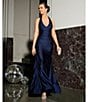 Honey and Rosie Halter V-Neck Tie Back Cummerbund Waist Gown, Color:Navy - Image 5