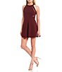Color:Burgundy - Image 1 - High-Neck Illusion-Detailed Fit-And-Flare Dress