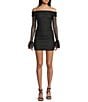 Honey and Rosie Mesh Off The Shoulder Long Ruffle Sleeve Shirred Bodycon Dress, Color:Black - Image 1