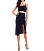 Color:Navy - Image 1 - Square Neck Spaghetti Strap Crop Top and Faux-Wrap Slit Hem Midi-Length Two-Piece Dress