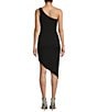Color:Black - Image 2 - One Shoulder Asymmetrical Hem Pull-On Dress