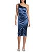 Color:Denim - Image 1 - One Shoulder Faux Wrap Midi Dress