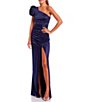 Color:Dark Purple - Image 3 - One Shoulder Ruffle Sleeve Side Slit Long Dress