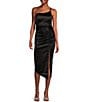 Color:Black - Image 1 - One Shoulder Shirred Side Slit Satin Midi Dress