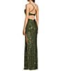 Honey and Rosie Patterned Sequin Cowl Neck Crisscross Bar Back Side Slit Dress - Image 4