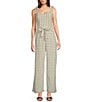 Honey and Rosie Plaid Sweetheart Neck Tie Shoulder Pleated Jumpsuit, Color:Ivory/Black - Image 1