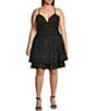 Honey and Rosie Plus Size Scuba Crepe Embroidered Deep V-Neck Scalloped Lace Back Fit And Flare Dress, Color:Black - Image 1