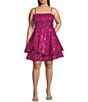 Honey and Rosie Plus Size Sequin Cord Embroidered Lace Mesh Fit And Flare Dress, Color:Fuchsia - Image 1