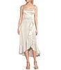 Honey and Rosie Sateen Square Neck Spaghetti Tie Strap Ruffle Midi Dress, Color:Ivory - Image 1