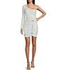 Color:White/Iridescent - Image 1 - Sequin One Shoulder Long Sleeve Pleated Waist Tie Wrap Mini Dress