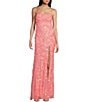 Color:Coral/Peach - Image 1 - Sequin Pattern Front Slit Long Dress