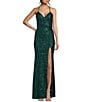 Honey and Rosie Sequin V-Neck Spaghetti Strap Mesh Back Front Slit Gown, Color:Emerald - Image 1