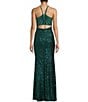 Honey and Rosie Sequin V-Neck Spaghetti Strap Mesh Back Front Slit Gown, Color:Emerald - Image 2