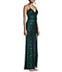 Honey and Rosie Sequin V-Neck Spaghetti Strap Mesh Back Front Slit Gown, Color:Emerald - Image 3