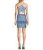 Color:Blue - Image 2 - Sleeveless Sequin-Embellished Lace Bra-Back Sheath Mini Dress