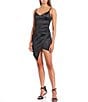 Color:Black - Image 1 - Silky Satin Sleeveless V-Neck Ruched Faux-Wrap Asymmetrical Hem Sheath Mini Dress