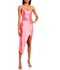 Color:Pink - Image 1 - Spaghetti Strap Asymmetric-Hem Faux-Wrap Shimmery Stretch Satin Dress