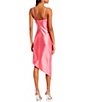 Color:Pink - Image 2 - Spaghetti Strap Asymmetric-Hem Faux-Wrap Shimmery Stretch Satin Dress