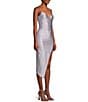 Honey and Rosie Spaghetti Strap Asymmetrical Hem Faux-Wrap Shimmery Stretch Satin Dress, Color:Lavander/Silver - Image 3