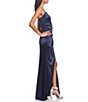 Color:Navy - Image 3 - Spaghetti-Strap Square-Neck Faux-Wrap Slit Hem Stretch Satin Long Dress