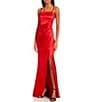 Color:Red - Image 3 - Spaghetti-Strap Square-Neck Faux-Wrap Slit Hem Stretch Satin Long Dress