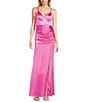 Color:Doll Pink - Image 1 - Spaghetti-Strap V-Neck Ruched Slit Silky Long Dress