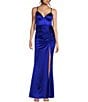 Color:Cobalt - Image 1 - Spaghetti-Strap V-Neck Ruched Slit Silky Long Dress