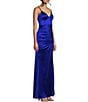 Color:Cobalt - Image 3 - Spaghetti-Strap V-Neck Ruched Slit Silky Long Dress