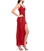 Color:Red - Image 3 - Spaghetti Strap V-Neck Sequin Wrap Long Dress