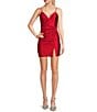 Color:Red - Image 1 - Spaghetti Strap V-Neck Side Ruched Glitter Sheath Mini Dress