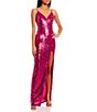 Color:Hot Pink - Image 1 - Spaghetti-Strap Deep V-Neck Slit Hem Sequin Stretch Long Fitted Dress
