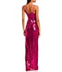 Color:Hot Pink - Image 2 - Spaghetti-Strap Deep V-Neck Slit Hem Sequin Stretch Long Fitted Dress